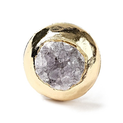 Natural Agate Druzy Adjustable Ring, Brass Flat Round Chunky Ring for Women, Light Gold, Cadmium Free & Lead Free