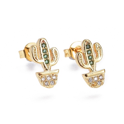 Brass Micro Pave Cubic Zirconia Stud Earrings, Cactus, Golden