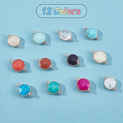 12Pcs 12 Style Gemstone Links Connectors, with Light Gold Plated Brass Findings, Faceted, Flat Round