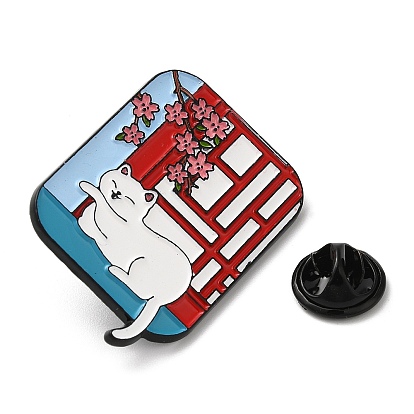 Chinese Style Forbidden City & Cat Theme Enamel Pin, Black Zin Alloy Brooch for Backpack Clothes