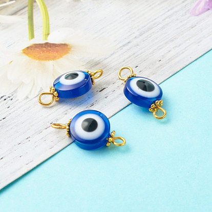 Resin Beads Links Connectors, with Golden Iron Findings and Tibetan Style Alloy Daisy Spacer Beads, Flat Round with Evil Eye