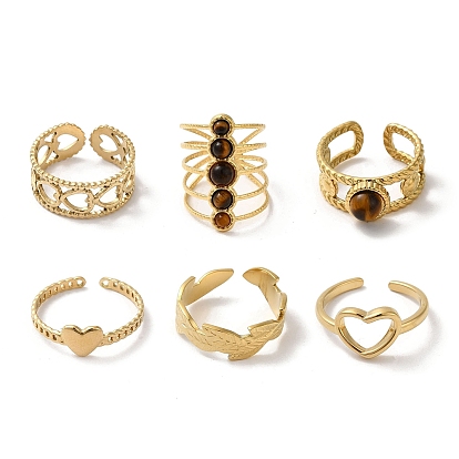 6Pcs 6 Style Leaf & Heart & Teardrop 304 Stainless Steel Open Cuff Rings Set, Natural Tiger Eye Stackable Rings