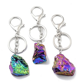 Electroplated Natural Quartz Crystal Keychain, with Platinum Plated Iron Split Key Rings, Nuggets