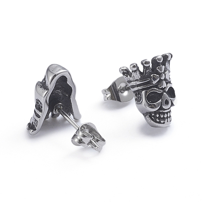 Retro 304 Stainless Steel Stud Earrings, with Ear Nuts, Skull with Crown