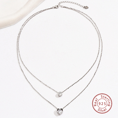 925 двухслойные ожерелья из стерлингового серебра, с подвесками-сердечками из кубического циркония, с печатью s925