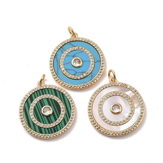 Flat Round Brass Micro Pave Clear Cubic Zirconia Pendants, with Jump Rings, Cadmium Free & Lead Free, Real 18K Gold Plated