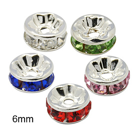 Rondelle Silver Color Plated Brass Grade A Rhinestone Spacer Beads, Straight Flange, 6x3mm, Hole: 1mm