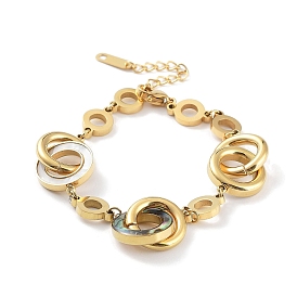 Ion Plating(IP) 304 Stainless Steel Interlocking Rings Link Bracelet, with Imitaiion Shell