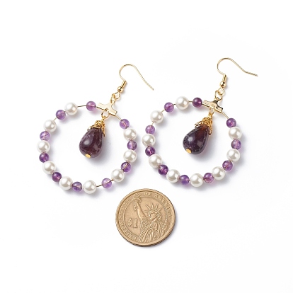 Shell Pearl & Natural Amethyst Beaded Big Ring with Teardrop Dangle Earrings, 304 Stainless Steel Jewelry for Women