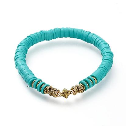 Stretch Bracelets, with Polymer Clay Heishi Beads, Antique Golden Plated Alloy Spacer Beads and Brass Round Beads