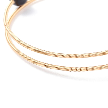 Natural Gemstone Round Beaded Bangle, Adjustable Copper Wire Torque Bangle for Women, Golden