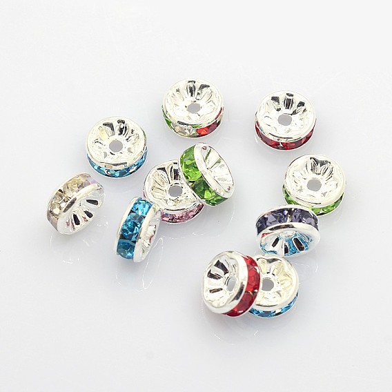 Séparateurs perles en verre avec strass en laiton, grade de aaa, bride droite, sans nickel, couleur argent plaqué, rondelle, 8x3.8mm, Trou: 1.5mm