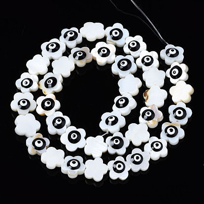 Natural Freshwater Shell Beads, with Enamel, Flower with Evil Eye
