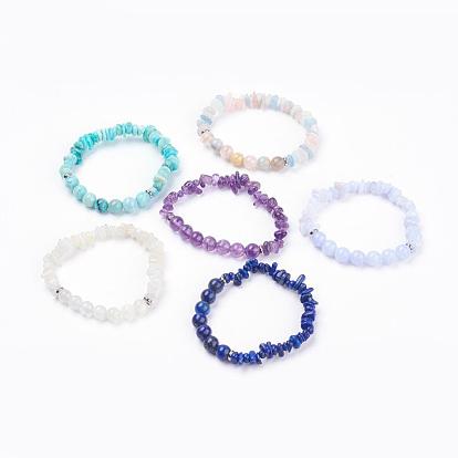 Natural Gemstone Beads Stretch Bracelets, with 304 Stainless Steel Beads, Burlap Packing, Stainless Steel Color