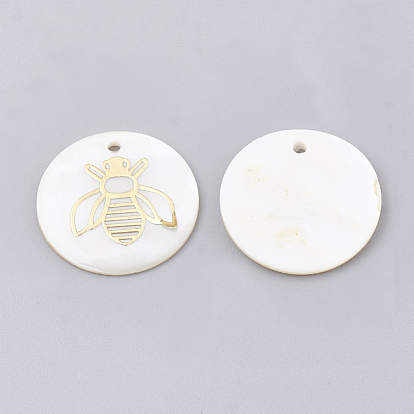 Freshwater Shell Pendants, with Brass Findings, Flat Round with Bee