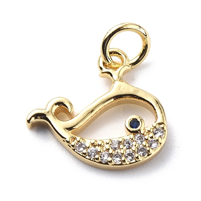 Brass Micro Pave Cubic Zirconia Charms, with Jump Rings, with Jump Ring, Whale Charms
