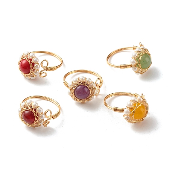 Natural Mixed Gemstone Finger Rings for Girl Women, Round Shell Pearl Beads Ring, Brass Wire Wrap Ring, Golden