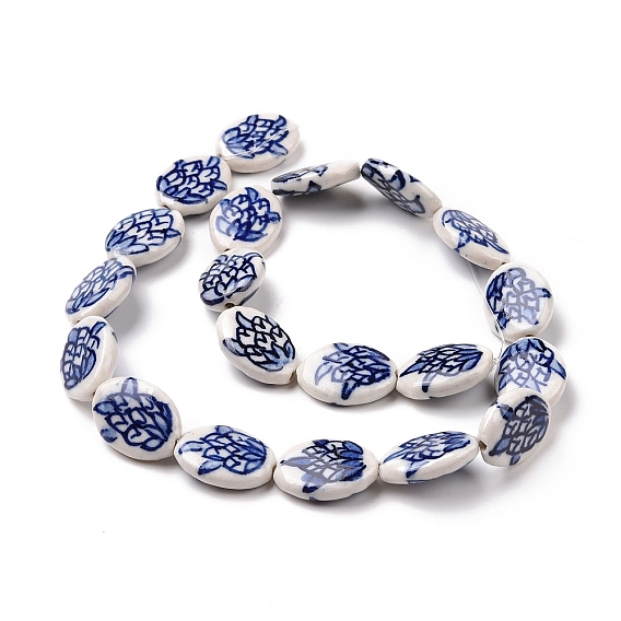 Handmade Porcelain Beads Strands, Blue and White Pocerlain, Oval with Flower Pattern