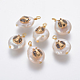 Natural Cultured Freshwater Pearl Pendants, with Brass Micro Pave Cubic Zirconia Findings, Flat Round with Ladybird, Golden