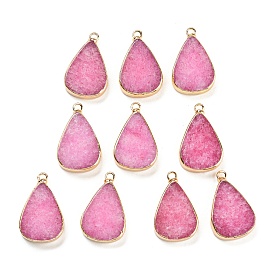 Natural White Jade Dyed Pendants, Druzy Teardrop Charms with Golden Tone Brass Edge