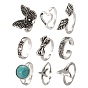 9Pcs 9 Style Adjustable Alloy Finger Rings, Bowknot & Heart & Flat Round & Starfish & Fishtail & Flower & Wings & Butterfly & Wide Band Rings