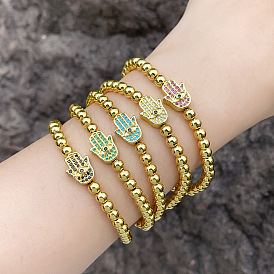 Hip Hop Style Zirconia Fatima Hand Bracelet for Women, 18K Gold Plated Copper Beaded Chain