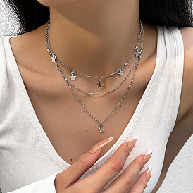 Fashion Retro Multilayer Star Pentagram Tassel Moon Pendant Necklace - Collarbone Chain