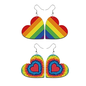 Rainbow Color Pride Flag PU Leather Heart Dangle Earrings, Brass Long Drop Earrings for Women