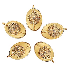 5Pcs Brass Micro Pave Cubic Zirconia Pendants, Oval with Flower