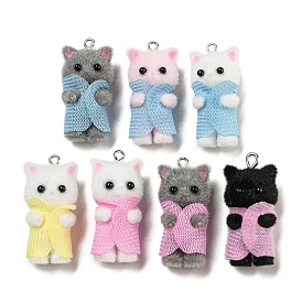 Flocking Opaque Resin Pendants, Cat in Clothes Charms with Platinum Tone Iron Loops