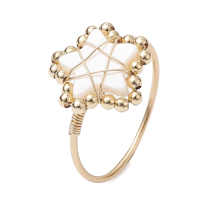 Natural Shell Star Braided Bead Style Ring, Brass Wire Wrap Finger Ring