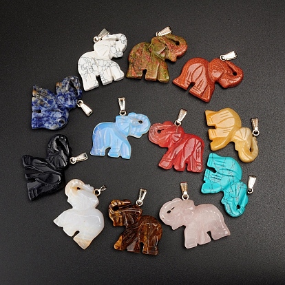Natural & Synthetic Gemstone Pendants, with Platinum Tone Brass Findings, Elephant