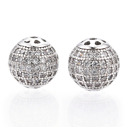 925 Sterling Silver Micro Pave Cubic Zirconia Beads, Round, Nickel Free