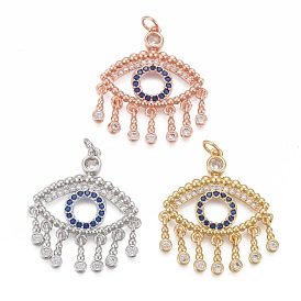 Brass Micro Pave Clear Cubic Zirconia Pendants, with Jump Rings, Long-Lasting Plated, Horse Eye with Flat Round Charms