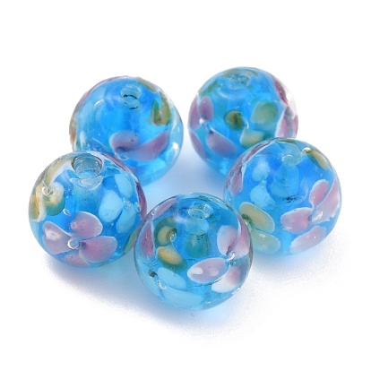 Round Lampwork Beads, Plum Flower Petal Pattern, with Hole