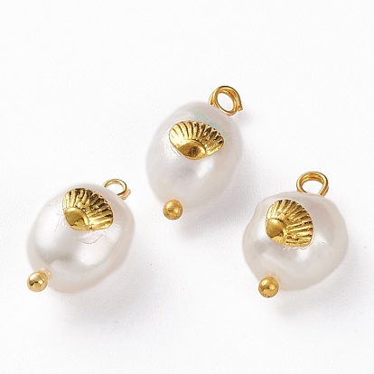 Natural Keshi Pearl Pendants, with Alloy Cabochons and Brass Loops, Oval with Scallop Shell