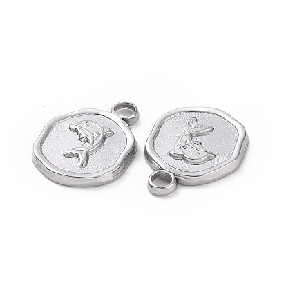 304 Stainless Steel Pendants, Flat Round with Dolphin Charm
