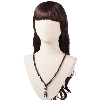 Wood & Lapis Lazuli Beads Necklaces, Natural Sodalite Pendant Necklaces, Mala Prayer Necklaces