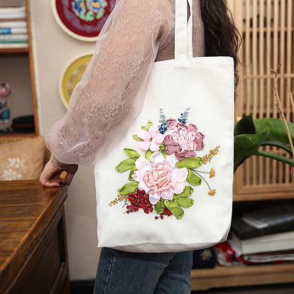 Поделки цветочный узор холст большая сумка набор для вышивки лентой, включая иглы для вышивания и нитки, белая хлопчатобумажная ткань, пяльцы для вышивки имитация бамбука