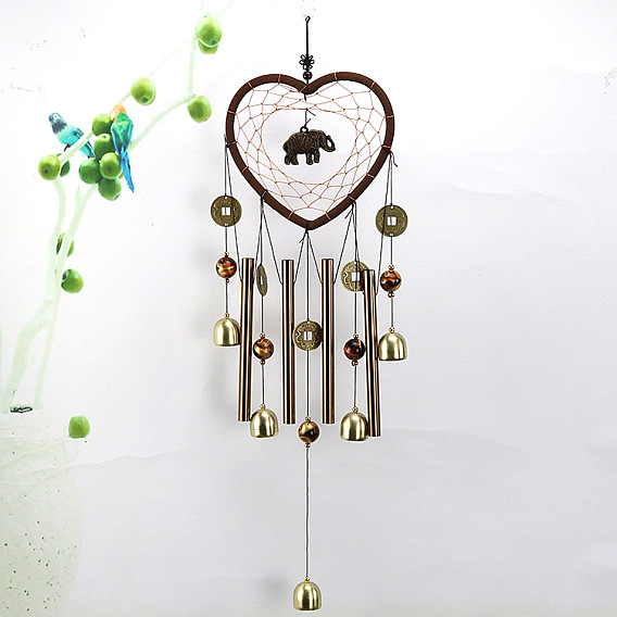 Resin Heart Woven Net/Web Wind Chimes, with Alloy Hollow Tubes and Bells, for Home Party Festival Decor
