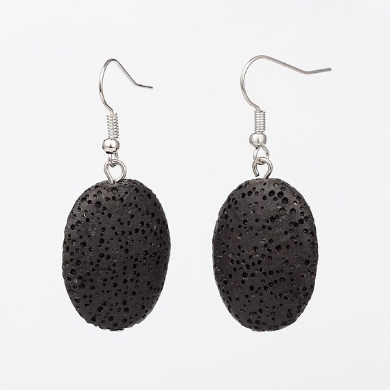 Dyed Oval Synthetic Lava Rock Gemstone Dangle Earrings, with Platinum Plated Brass Ear Hooks, 46mm, Pin: 0.8mm