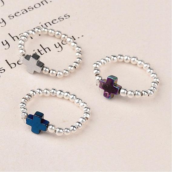 Cross Non-Magnetic Synthetic Hematite Beaded Stretch Rings, 20mm