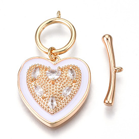 Brass Clear Cubic Zirconia Toggle Clasps, Heart, Cadmium Free & Nickel Free & Lead Free