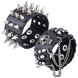 Gorgecraft 2pcs 2 bracelets en cuir de vachette de style punk rock avec rivet à pointes, chaîne suspendue bracelet réglable pour hommes femmes