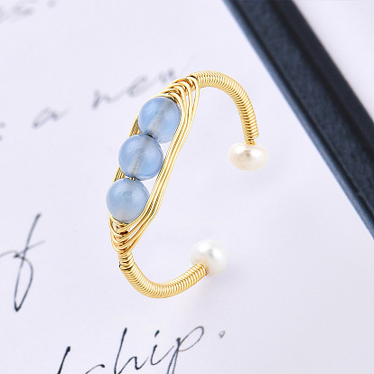Natural Aquamarine Braided Oval Open Cuff Ring with Pearl Beaded, Brass Wire Wrapped Jewelry for Women