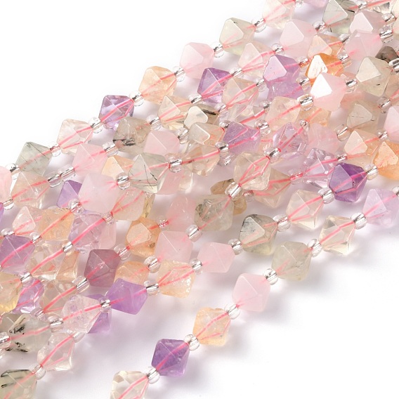 Natural Amethyst & Citrine & Rose Quartz & Prehnite & Quartz Crystal Beads Strands, Faceted, with Seed Beads, Bicone