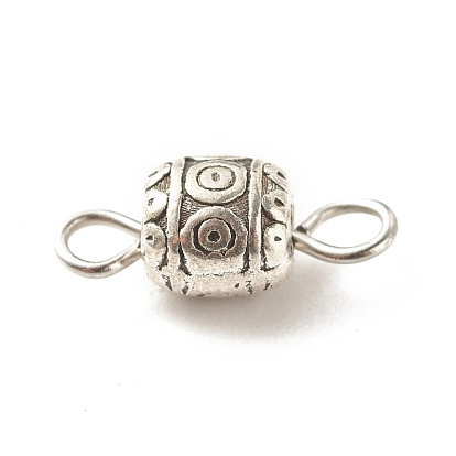 Tibetan Style Alloy Connector Charms, with 304 Stainless Steel Loops, Barrel with Round Pattern