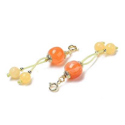 Natural Agate Apple Pendant Decorations, with Yellow Jade Round Beads and Brass Spring Ring Clasps