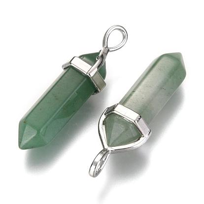 Natural & Synthetic Gemstone Double Terminated Pointed Pendants, with Random Alloy Pendant Hexagon Bead Cap Bails, Bullet, Platinum
