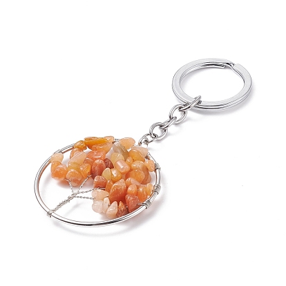 Natural Gemstone Keychain, with Alloy Split Key Rings, Ring with Tree